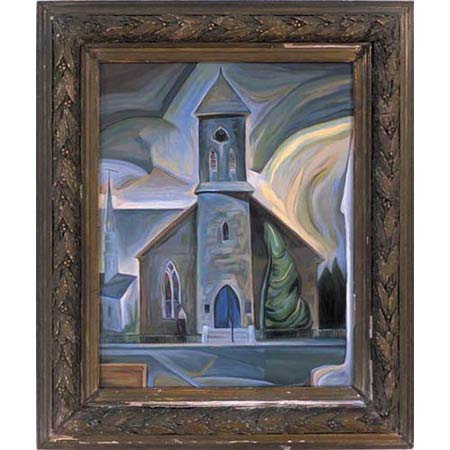 First Church Oil/Canvas, image 20x16in, in antique frame